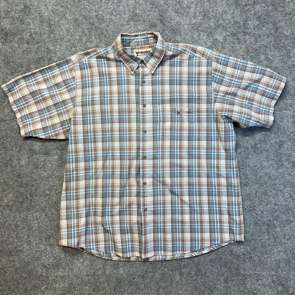 Vintage Wrangler Rugged Wear Shirt Men's XL Brown Blue Plaid Short Sleeve Button